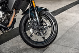The CFMoto features unique star-shaped five-spoke alloy wheels.