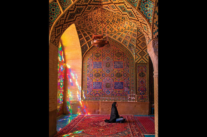 Pink mosque at Shiraz known for its stained glass.