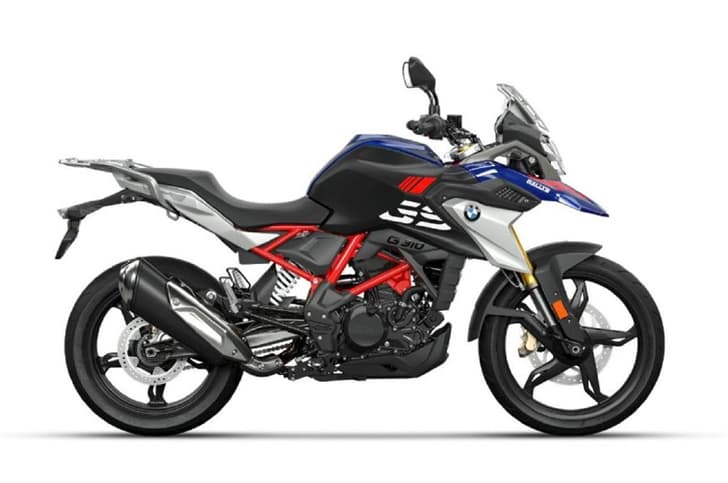 The BMW G 310 GS 'Style Rallye' features a black base colour with red and blue paintwork.