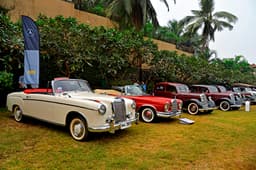 Mistry family’s 220S Cabriolet (left) next to Viveck Goenka’s W111 Fintail Cabriolet.