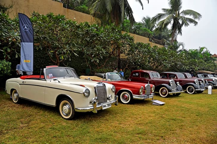 Mistry family’s 220S Cabriolet (left) next to Viveck Goenka’s W111 Fintail Cabriolet.