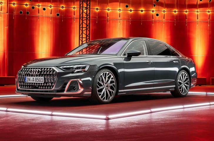 Audi A8L facelift front left three-quarters view.
