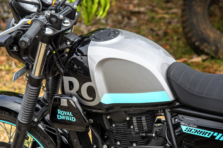 The Scram 411 has a 15-litre fuel tank. The bold new colours set it apart from the Himalayan.