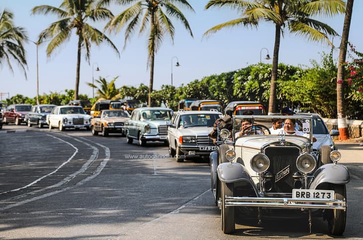 Yashvardhan Ruia's 1929 Nurburg leads the convoy after flag-off at Bandstand, Bandra.