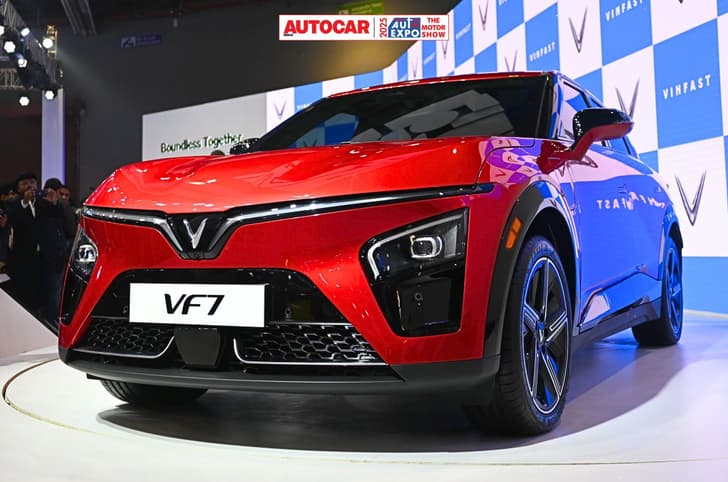 Vinfast VF 7 showcased at the Auto Expo 2025. Prices will be announced before this year’s festive season.