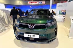 Vinfast VF 9 showcased at the Auto Expo 2025. The VF 9 is the largest e-SUV in VinFast’s line-up overseas. 