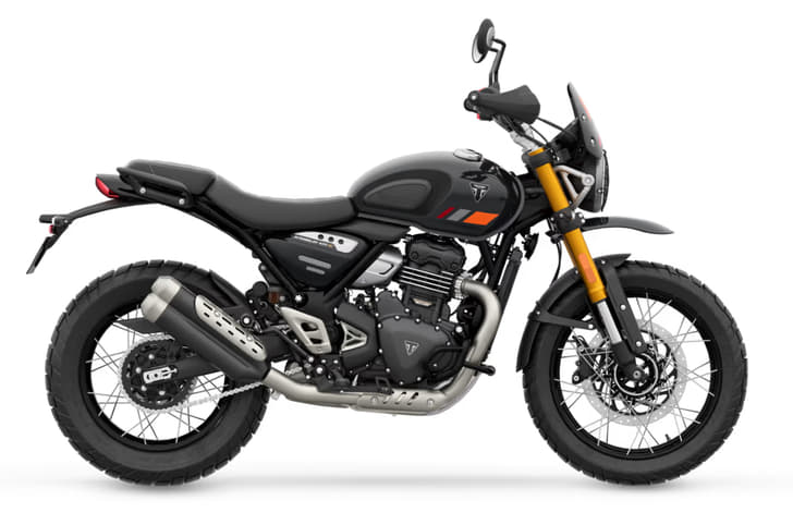 Triumph Scrambler 400 XC black colour right side profile static in studio