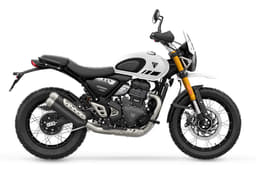 Triumph Scrambler 400 XC white colour right side profile static in studio