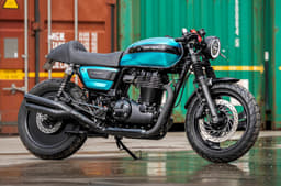 Honda CB350RS in a cafe-racer avatar with light-blue paint scheme and clip-ons