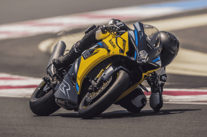 Suzuki GSX-R1000R 40th Anniversary Edition in yellow cornering shot