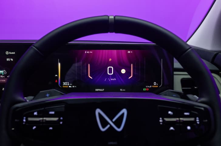 Mahindra XEV 9e Pack Two in studio interior steering and display