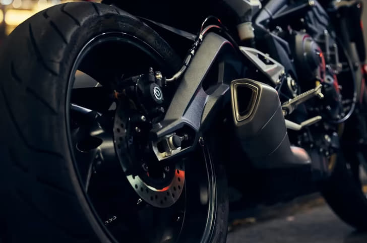 Triumph Street Triple R in orange rear tyre shot
