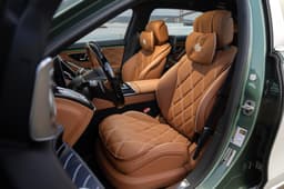 Close-up of Mercedes-Maybach S 680 Emerald Isle Edition front seats in hand-stitched Nappa leather.