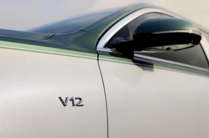 Close-up of V12 badge on Mercedes-Maybach S 680 Emerald Isle Edition.