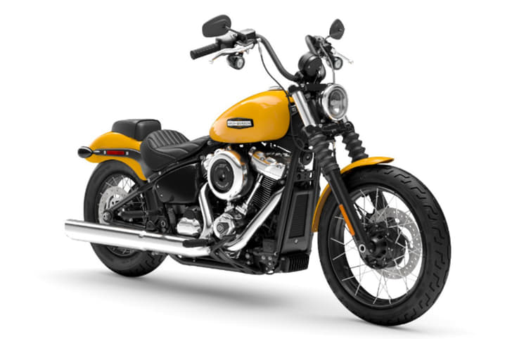 Harley Davidson Street Bob front three quarter shot yellow