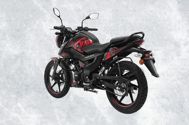 Rear image of TVS Raider 125 Super Squad Edition in Deadpool-inspired black and red colour scheme