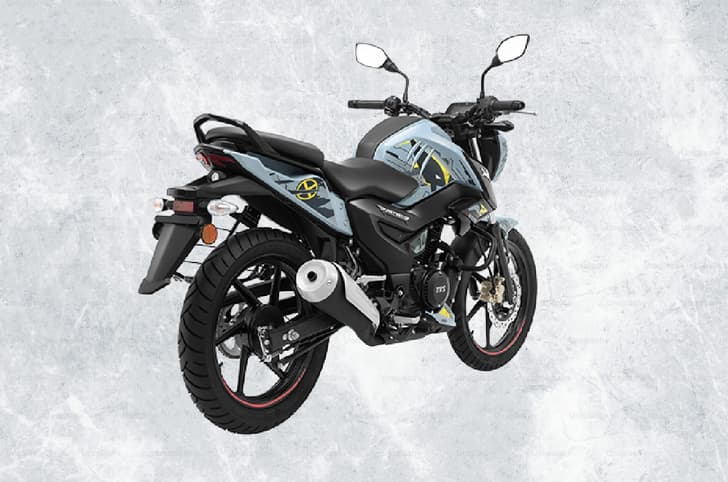 Rear profile of TVS Raider 125 Super Squad Edition in Wolverine-inspired blue and yellow colour scheme