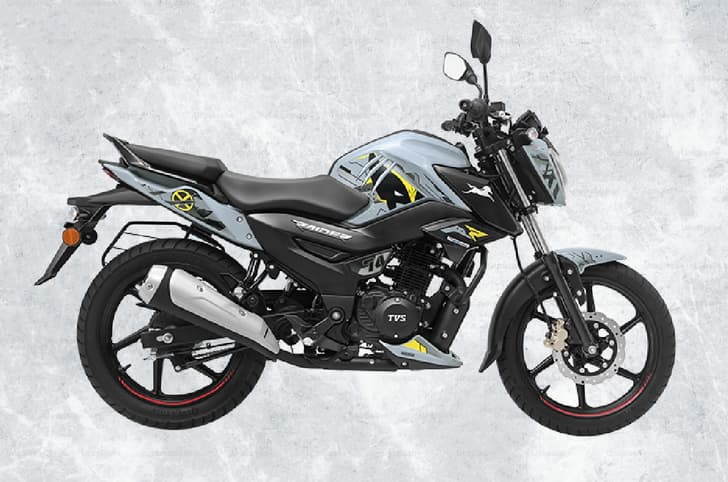 Side profile of TVS Raider 125 Super Squad Edition in Wolverine-inspired blue and yellow colour scheme
