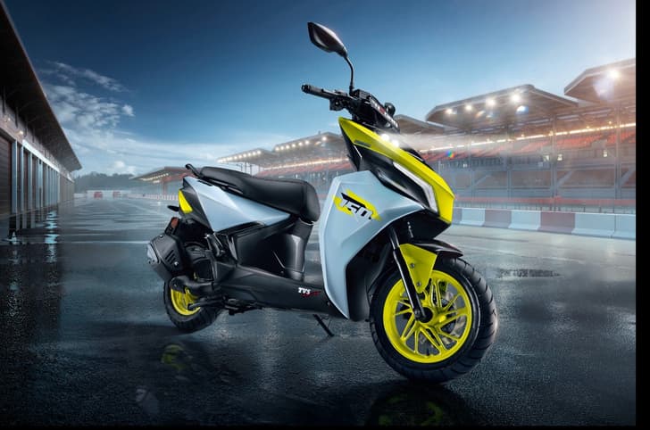 TVS Ntorq 150 yellow front right static on track