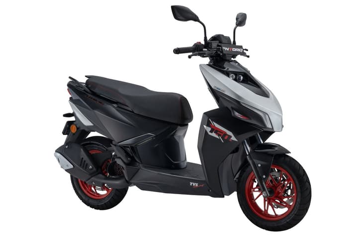 TVS Ntorq 150 silver front right static in studio