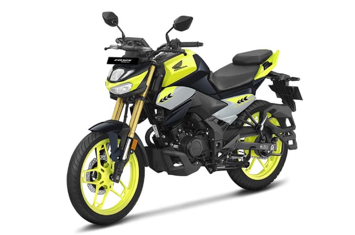 Honda CB125 Hornet neon yellow colour left side profile static in studio