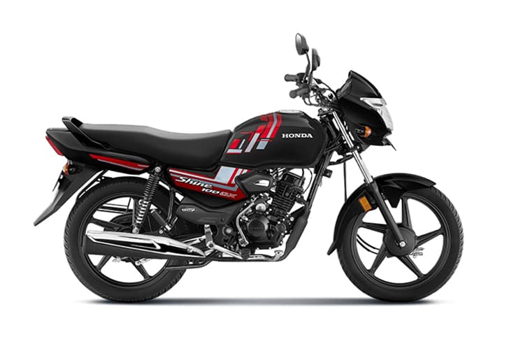 Honda Shine 100 DX black right side profile static in studio