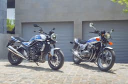 Honda CB1000F side by side with CB750F classic bike in parking lot