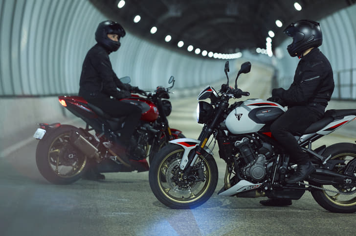 Triumph Trident 800 Carnival Red and Ash Grey under tunnel shot.