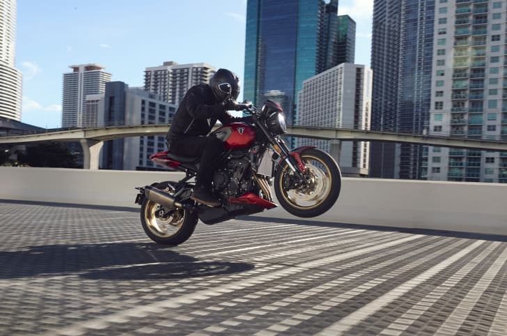 Triumph Trident 800 wheelie shot.