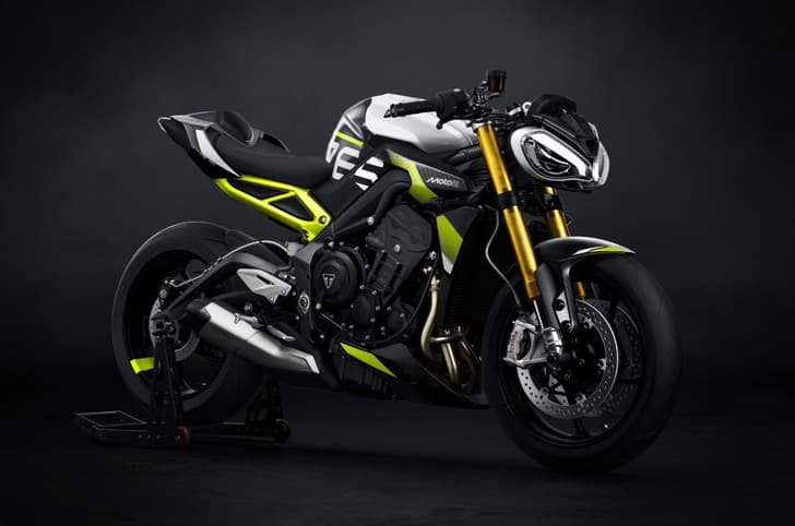 Triumph Street Triple Moto2 Edition front three fourth studio shot.