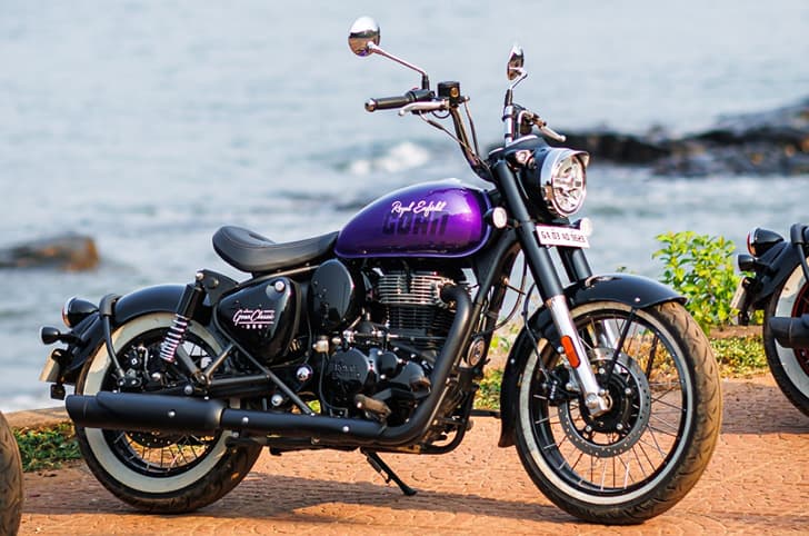 Royal Enfield Goan Classic 350 front right static purple on the beach