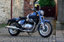 Royal Enfield Classic 650 blue colour front right static in parking area
