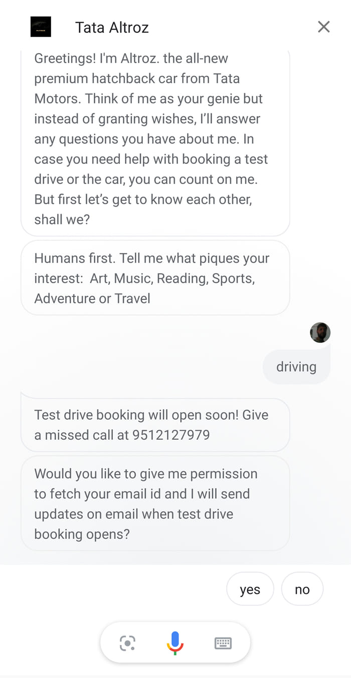 Tata Altroz Voice BoT based on Google Assistant