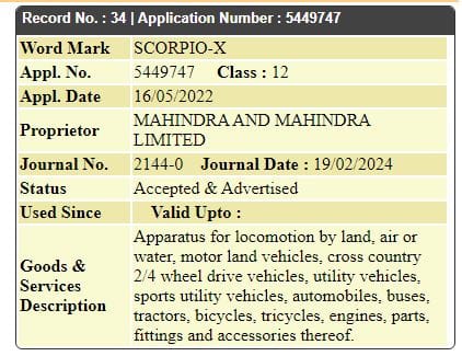 Mahindra Scorpio X name trademarked for future model