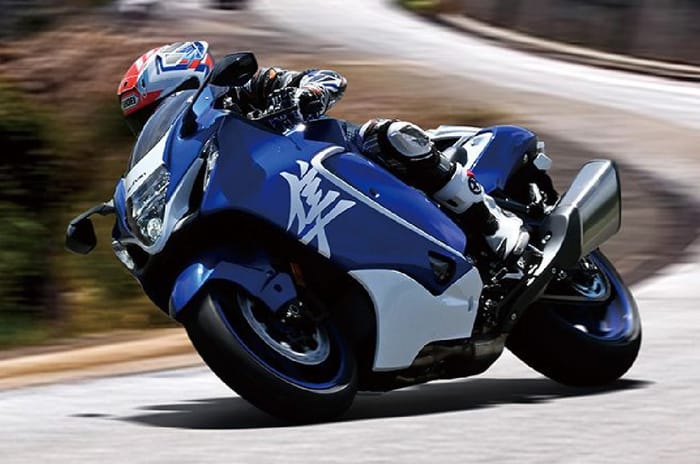 Suzuki Hayabusa special edition front left side cornering shot on road