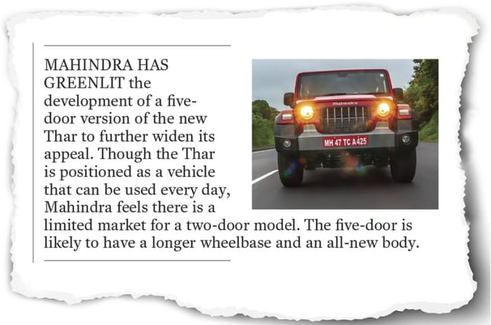 5-door Mahindra Thar greenlit for production