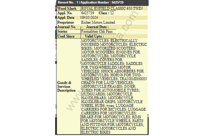 Royal Enfield files for Classic 650 Twin trademark