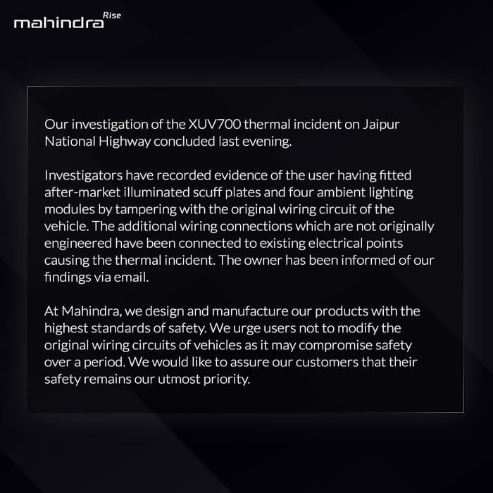 Mahindra says XUV700 fire caused by tampered wiring