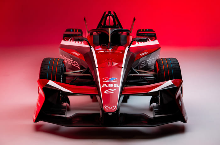 Mahindra M12Electro Formula E race car front head on