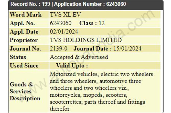 TVS XL EV, E-XL names trademarked