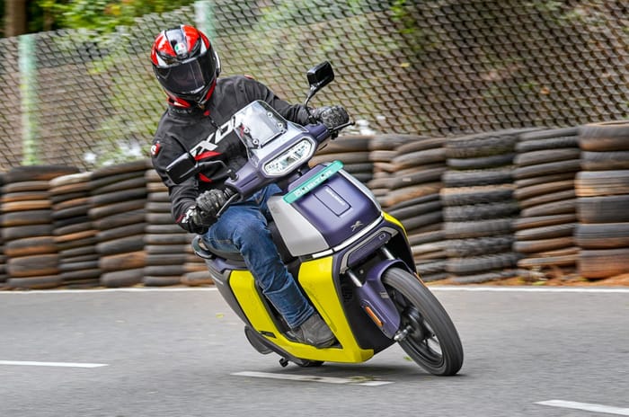 TVS Orbiter front right cornering shot on track