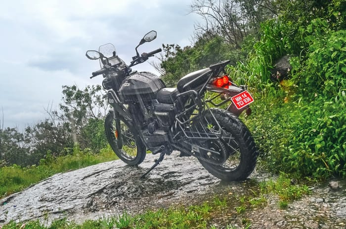 Yezdi Adventure left rear static in field