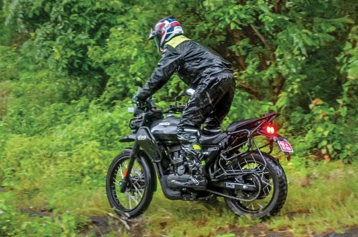 Yezdi Adventure left rear riding shot off road