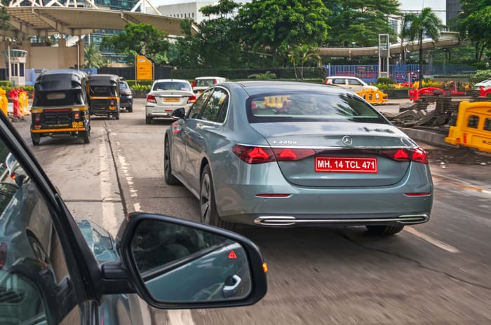 Mercedes E Class E 220d rear in traffic and bad roads